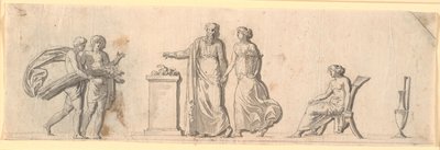 Bozzetto per la decorazione di un campo, probabilmente una tavola di legno dipinta su un mobile. Figure antiche con cesti di fiori e spighe presso un altare da Nicolai Abildgaard