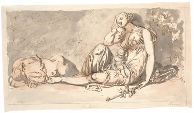 Bozzetto per sovrapporta. Il sonno, una figura femminile sdraiata con un bambino piccolo e alla sua destra un leone da Nicolai Abildgaard