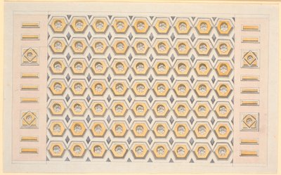 Bozza per soffitto con cassette esagonali e rosette in giallo e viola da Nicolai Abildgaard