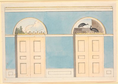 Bozzetto per decorazione murale con campi semicircolari sopra due porte, su pareti blu da Nicolai Abildgaard