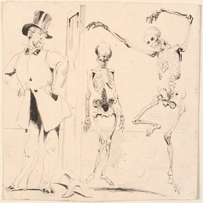 Foglio di prova. Signore prova vestiti davanti allo specchio. Due scheletri da Nicolai Habbe