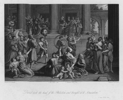 Il trionfo di Davide, I Samuele XVII, 54 (incisione) da Nicolas (after) Poussin