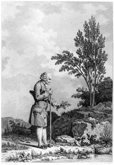 Jean-Jacques Rousseau che raccoglie erbe a Ermenonville, giugno 1778, inciso da Louis Michel Halbou da Nicolas Andre Monsiau