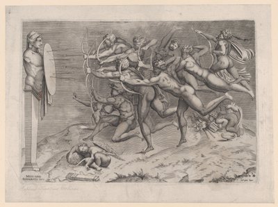 Arcieri nudi che tirano a un bersaglio attaccato a un erma, Cupido dormiente sotto da Nicolas Beatrizet