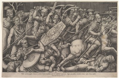 Soldati romani che combattono contro i Daci, scena di battaglia in profondità ridotta con cavalli, 1553 da Nicolas Beatrizet