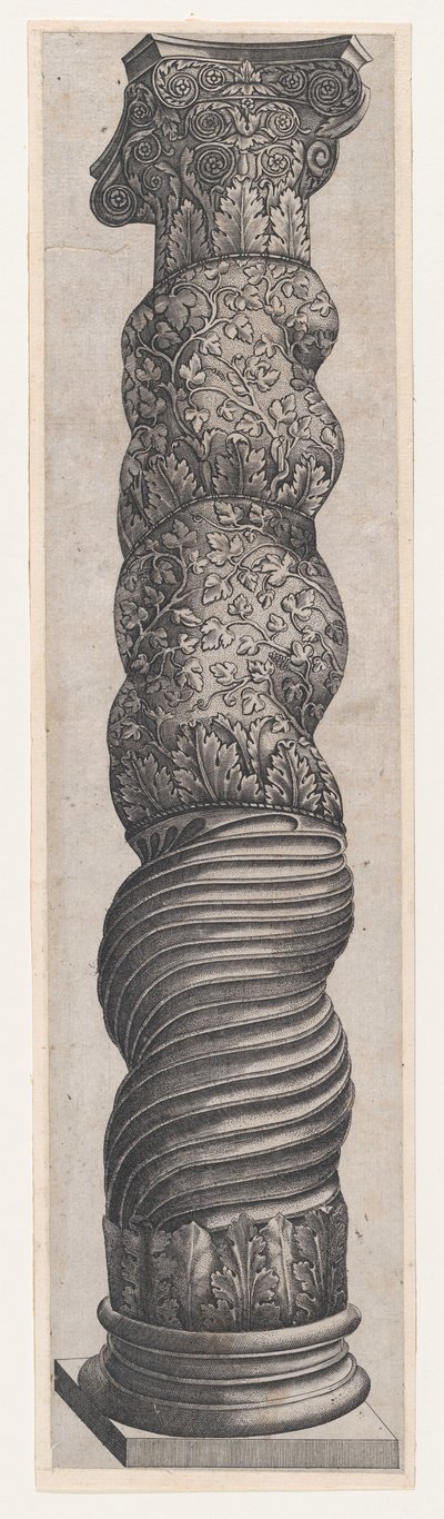 Speculum Romanae Magnificentiae: Colonna tortuosa grottesca in San Pietro, 16° secolo da Nicolas Beatrizet