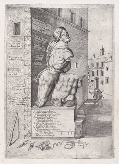 Speculum Romanae Magnificentiae: Statua di Pasquino nella Casa del Cardinale Ursino..., XVI secolo da Nicolas Beatrizet
