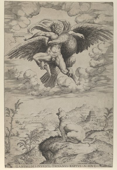 Il ratto di Ganimede da parte di Giove sotto forma di aquila che lo porta nei cieli da Nicolas Beatrizet