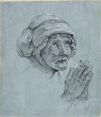 Studio della testa e delle mani di una donna anziana che guarda verso l