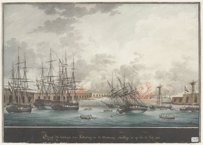 Veduta delle batterie per Palembang dopo la vittoria pomeridiana - 12:00 del 24 luglio 1821 da Nicolas Cammillieri