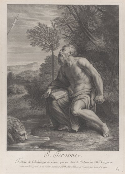 San Girolamo seduto sotto un albero che guarda un crocifisso, un leone beve acqua da un ruscello, 1728 da Nicolas Chateau