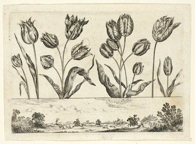 Fiori e scena di caccia, da Livre Nouveau de Fleurs... da Nicolas Cochin