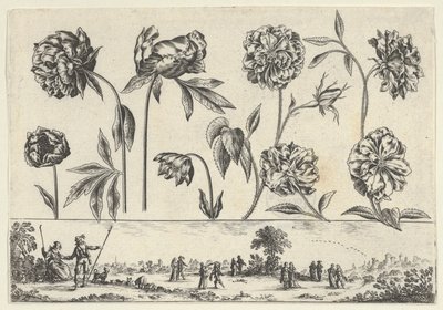 Pannello orizzontale con una fila di fiori sopra un fregio con figure in un paesaggio, da Li..., 1645 da Nicolas Cochin