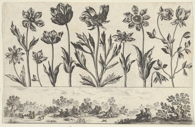 Pannello orizzontale con una fila di fiori sopra un fregio con figure in un paesaggio, da Li..., 1645 da Nicolas Cochin