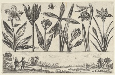 Pannello orizzontale con una fila di fiori sopra un fregio con figure in un paesaggio da Nicolas Cochin