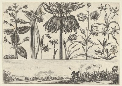 Pannello orizzontale con una fila di fiori sopra un fregio con una scena di battaglia in un paesaggio da Nicolas Cochin