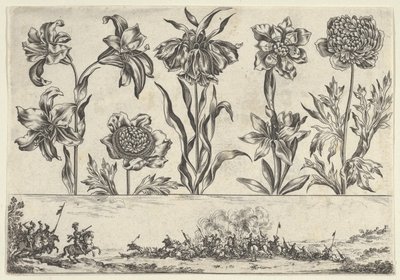 Pannello orizzontale con una fila di fiori sopra un fregio con una scena di battaglia in un paesaggio da Nicolas Cochin
