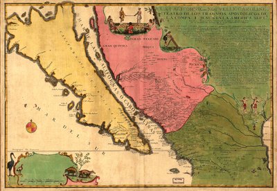 La Californie ou Nouvelle Caroline - teatro delle opere, Opere apostoliche della Compa. e Jesus in America Septe. LOC 98687119 da Nicolas de Fer