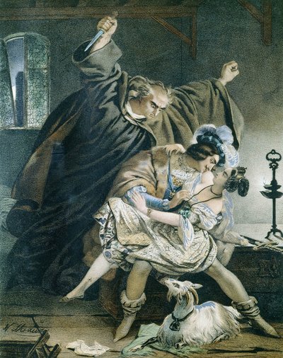 Esmeralda, Phoebus e Claude Frollo (Notre Dame de Paris) di Victor Hugo. Illustrazione di Nicolas Eustache Maurin (1799-1850). Collezione privata da Nicolas Eustache Maurin