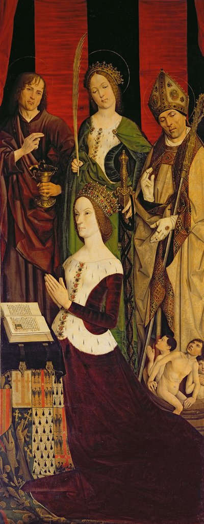 Trittico di Mosè e il Roveto Ardente, pannello destro che raffigura Jeanne de Laval con San Giovanni, Santa Caterina e San Nicola da Nicolas Froment