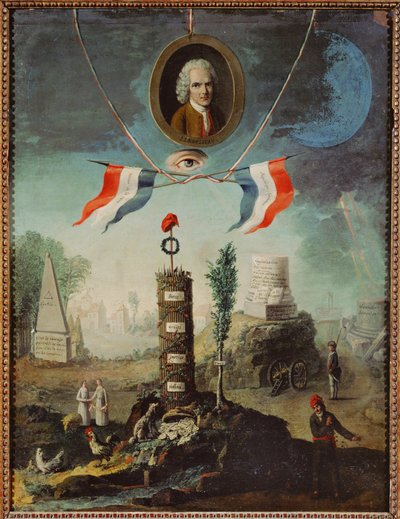 Allegoria della Rivoluzione francese con ritratto di Jean-Jacques Rousseau e cofano frigio giacobino ... da Nicolas Henri Jeaurat de Bertry