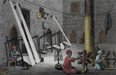 Interno di un laboratorio di tessitura, da Volume II Arti e Mestieri di 