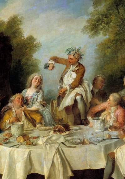 Colazione con prosciutto. Scena di un banchetto di campagna attorno a un prosciutto nella nobiltà. (dettaglio) da Nicolas Lancret