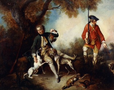 La Halte de Chasseurs: Un cacciatore che tiene un uccello selvatico e riposa vicino a un albero, con il suo servitore e i cani nelle vicinanze da Nicolas Lancret