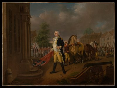 Il generale Humphreys consegna gli stendardi presi a Yorktown alla Congress Hall (Filadelfia) da Nicolas Louis Albert Delerive