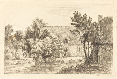 Una Casa e un Cottage Ombreggiato sulle Rive di un Fiume da Nicolas Perignon
