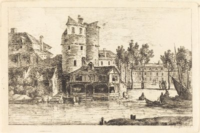 Città su una riva del fiume con due torri rotonde da Nicolas Perignon