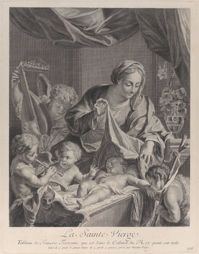La Vergine che tiene un panno sopra il bambino Cristo dormiente, con angeli musicali, ca. 1729 da Nicolas Pigne