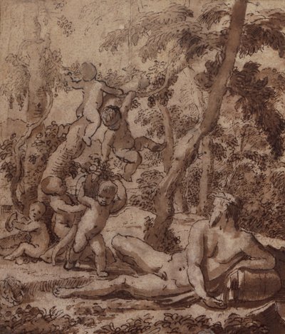 Un Paesaggio Boschivo con un Dio del Fiume e Putti da Nicolas Poussin
