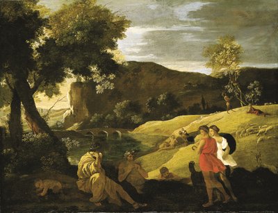 Paesaggio arcadico con storie dalle leggende di Pan e Bacco da Nicolas Poussin