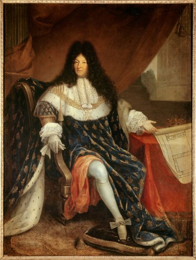 Ritratto a figura intera di Luigi XIV (1638-1715) con il piano della casa reale di Saint Cyr da Nicolas Rene Jollain