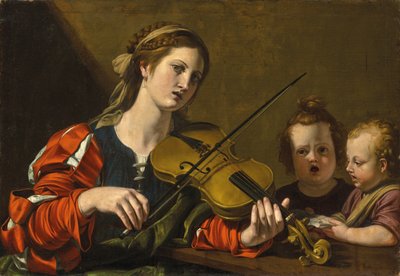 Una donna che suona il violino con due bambini che cantano da Nicolas Tournier