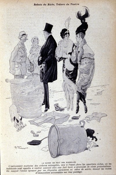 Parigi: i rifiuti si accumulano in strada davanti a persone elegantemente vestite. Illustrazione della stampa francese di H. Tournier da Nicolas Tournier