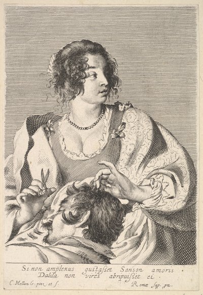 Dalila che si prepara a tagliare i capelli di Sansone con le forbici nella mano destra da Nicolas Viennot