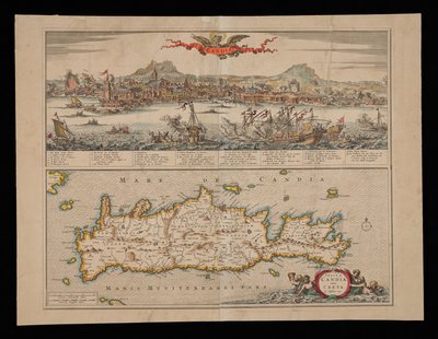 Veduta di Candia e mappa di Creta da Nicolas Visscher