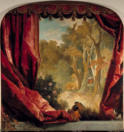 Composizione decorativa con tende, paesaggio e animali da Nicolas de Largillière