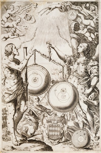 Tolomeo, seduto tra le allegorie di Argo e Astrea, contempla diagrammi di cosmologie disegnati da Copernico e Riccioli da Nicolaus (after) Copernicus