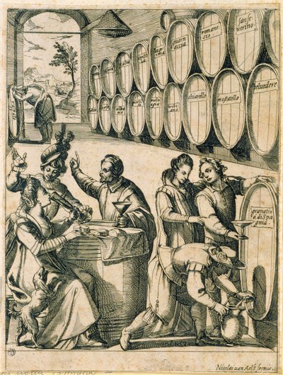 Bevitori in una cantina di vino da Nicolaus van Aelst