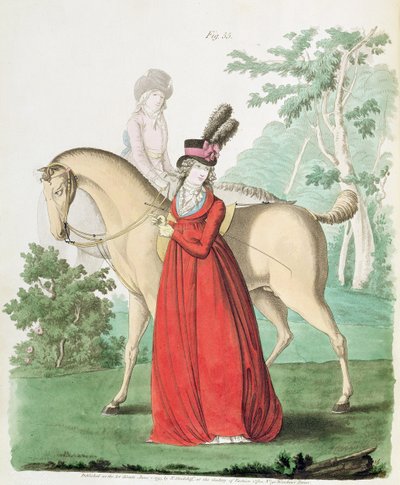 Una signora che esce a cavallo in abito da equitazione dalla Galleria della Moda di Nikolaus Heideloff, Vol II, giugno 1795 da Nicolaus von Heideloff
