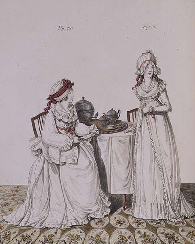 Due signore a colazione nella loro stanza da toeletta, con cuffie da notte e peignoir, dalla 