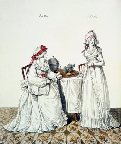 Due signore a colazione nella loro stanza da letto, con cuffie da notte e peignoir, da 