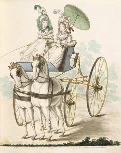 Due signore, in negligee, che prendono aria in un calesse, dalla Galleria della Moda di Nikolaus Heideloff, Vol I, agosto 1794 da Nicolaus von Heideloff