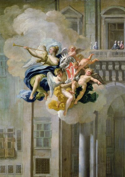 Fama che porta lo stemma della Casa di Harrach (dettaglio) da Nicolo Maria Russo or Rossi