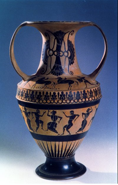 Anfora attica a figure nere raffigurante danzatori, c.535-38 a.C. da Nicosthenes