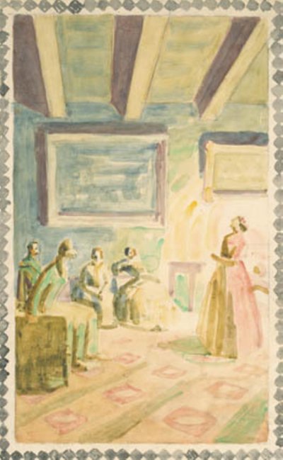 Jenny Lind canta a Weimar per la famiglia del Granduca e H.C. Andersen. Bozza per decorazioni a fresco nella Sala della Memoria di H.C. Andersen a Odense da Niels Larsen Stevns