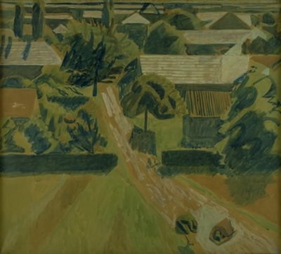 Paesaggio con case e una strada, dove due persone giacciono a terra da Niels Larsen Stevns